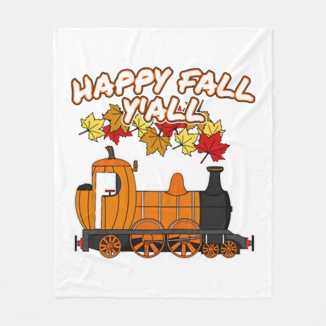 Happy Fall Y'All Steam Train Pumpkin Railroad Fleece Blanket (Front)