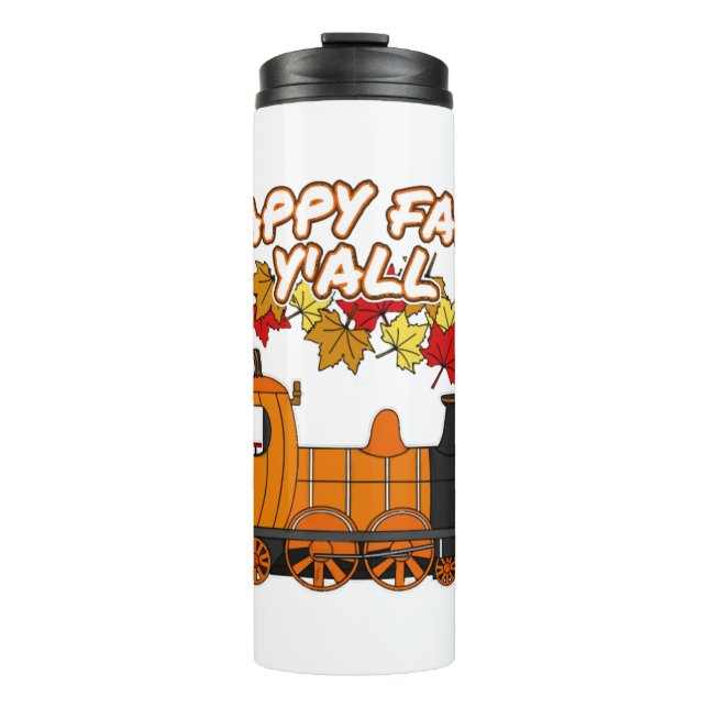 Happy Fall Y'All Steam Train Pumpkin Railroad Thermal Tumbler (Front)