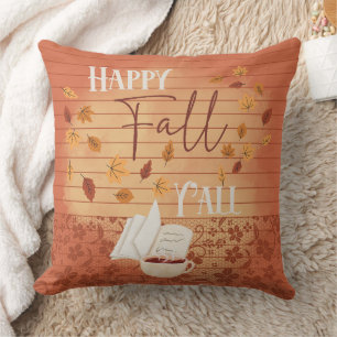 Happy Fall Y'all with Coffee and Autumn Leaves Cushion