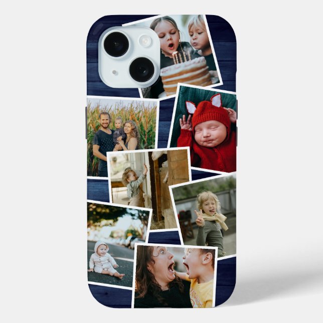 Happy Family Photo Collage Blue Wood Case-Mate iPhone Case (Back)