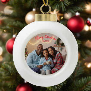 Happy Family Photo Keepsake Ceramic Ball Christmas Ornament