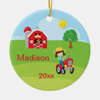 Happy Farm Girl Barn Tractor Animals Brown Ceramic Ornament