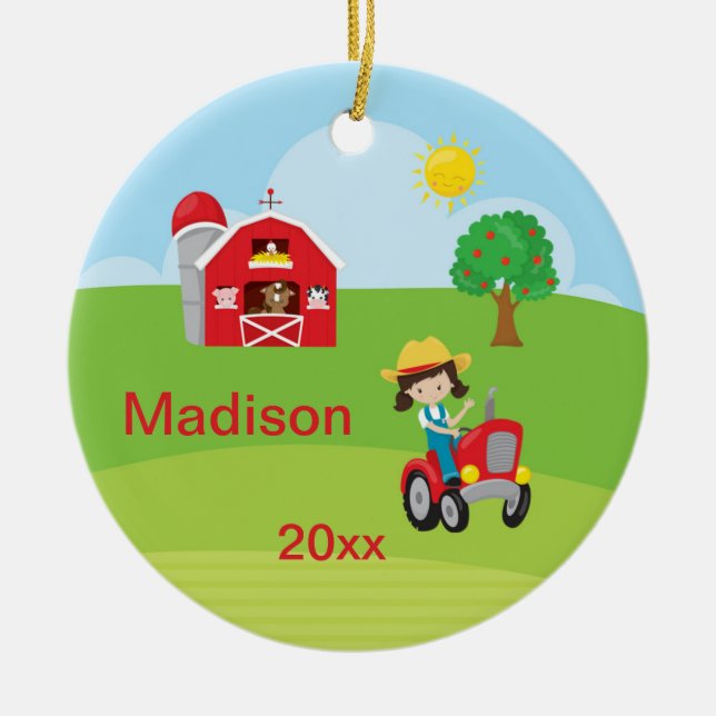 Happy Farm Girl Barn Tractor Animals Brown Ceramic Ornament (Front)