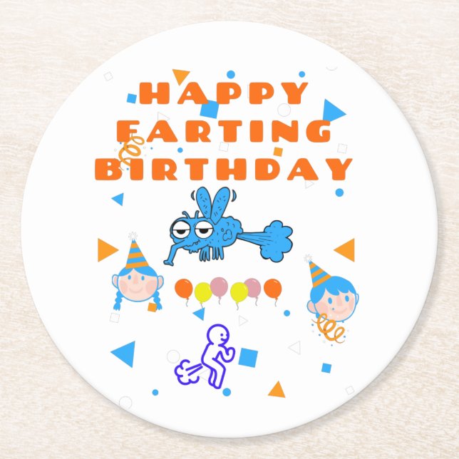 Happy Farting Birthday Bug Round Paper Coaster (Front)