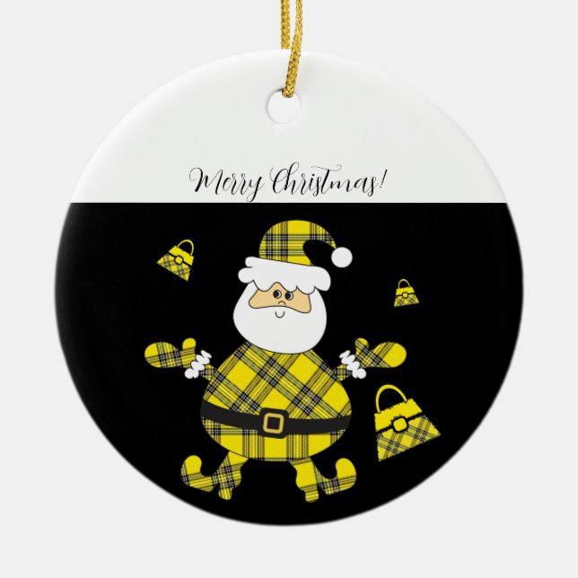 Happy Fashion Yellow Tartan Santa Ceramic Ornament (Front)
