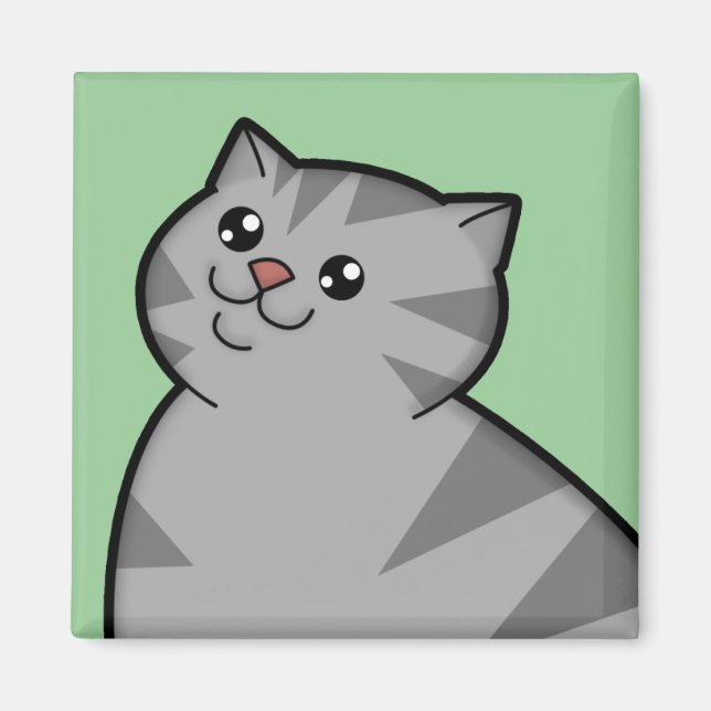 Happy Fat Silver Tabby Cat Square Magnet (Front)