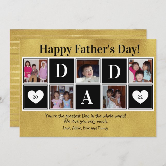 Happy Father's Day 5 Photo Gold Flat Greeting Card (Front/Back)