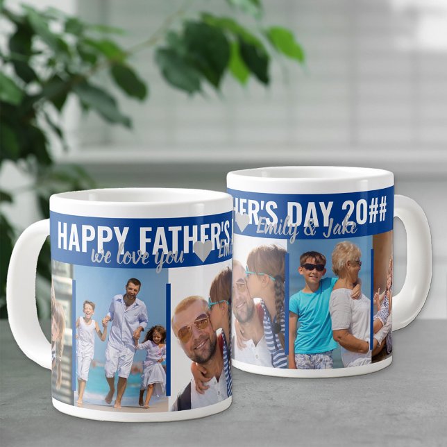 Happy Fathers Day 5 Photo Headline Typography Blue Large Coffee Mug (Creator Uploaded)