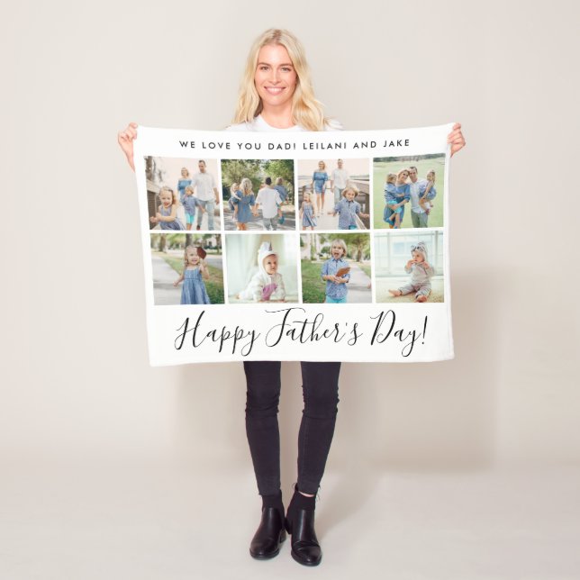Happy Father's Day 8 Photo Collage Custom White Fleece Blanket (In Situ)