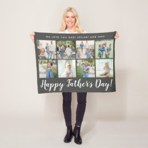 Happy Father's Day 8 Photo Custom Message Grey Fleece Blanket