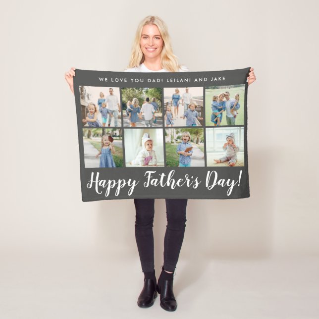 Happy Father's Day 8 Photo Custom Message | Grey Fleece Blanket (In Situ)