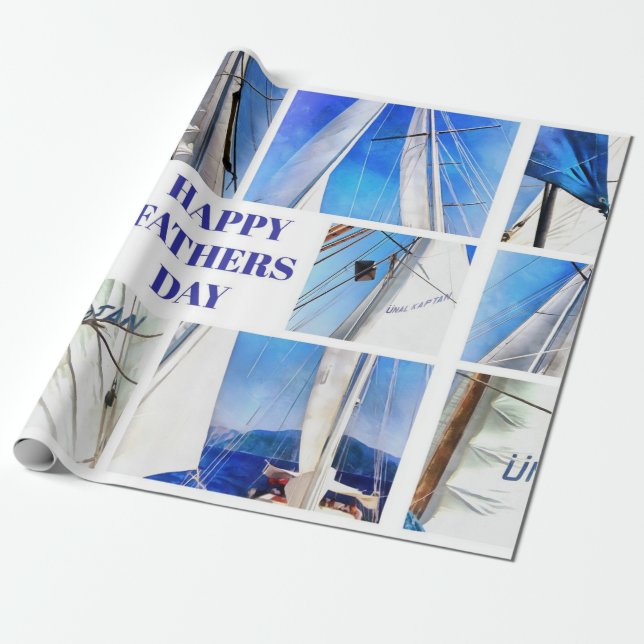 Happy Fathers Day Artistic White Sails Collage Wrapping Paper (Unrolled)