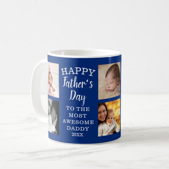 Happy Father's Day Awesome Daddy 8 Photo Blue Coffee Mug (Front Left)