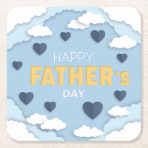 Happy Father's Day blue hearts in the sky Square Paper Coaster