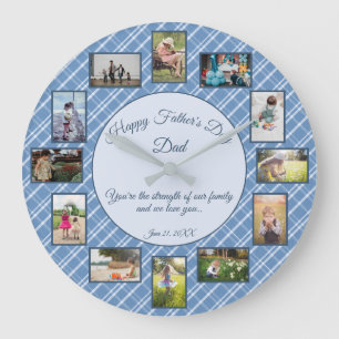 Happy Fathers Day Blue Plaid Family Photo Template Large Clock