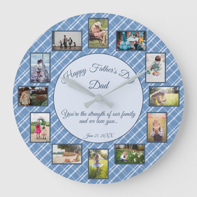 Happy Fathers Day Blue Plaid Family Photo Template Large Clock (Front)