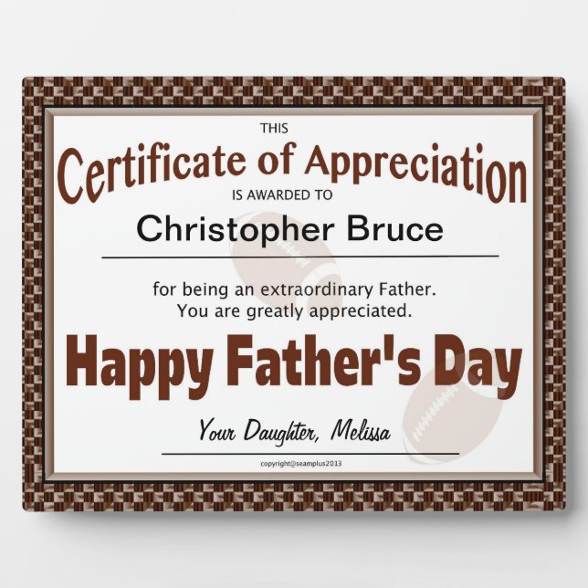 Happy Father's Day Certificate Plaque (Front)
