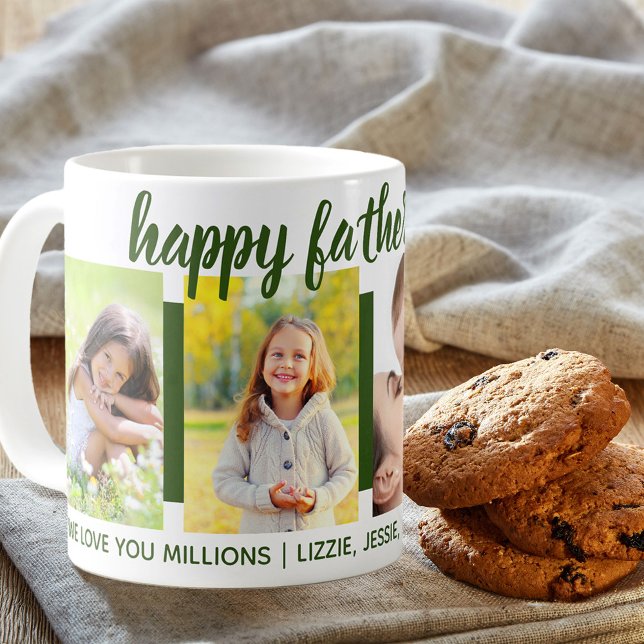 Happy Fathers Day Custom Greeting 4 Photo Green Coffee Mug (Creator Uploaded)