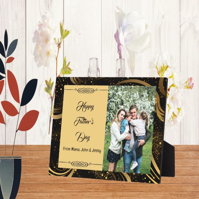 Happy Father's Day Family Photo Gold Leafy Swirls  Plaque (Happy Father's Day Family Photo Gold Leafy Swirls Plaque)