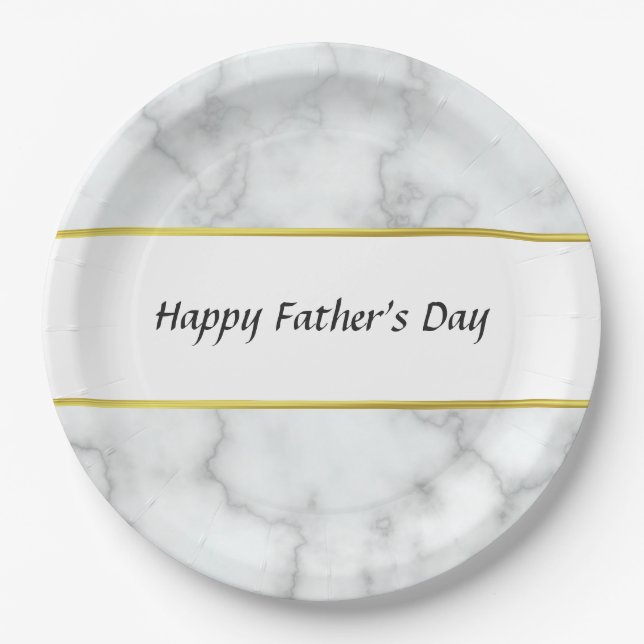 Happy Father's Day Faux White Marble Elegant Paper Plate (Front)