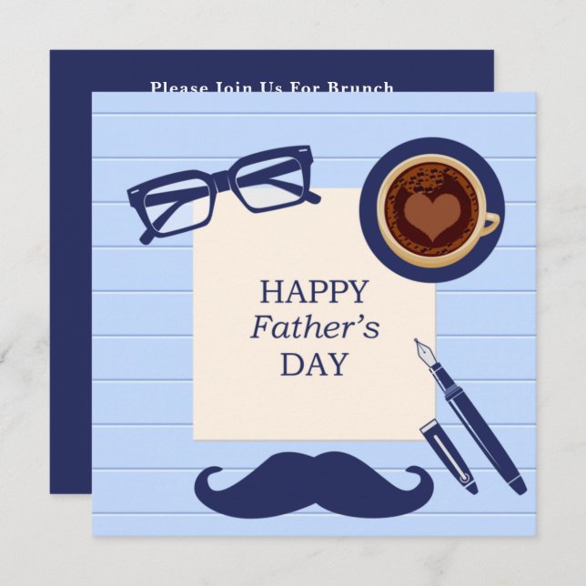 Happy Fathers Day Fun Blue Moustache Family Brunch Invitation (Front/Back)