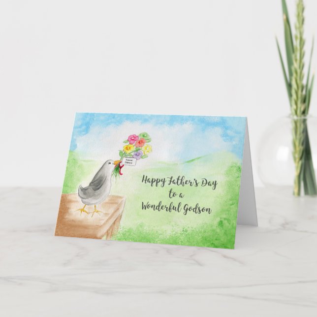 Happy Father's Day Godson, Watercolor Bird, Flower Card (Front)
