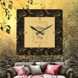 Happy Father's Day Gold Calligraphy Black Swirls  Square Wall Clock