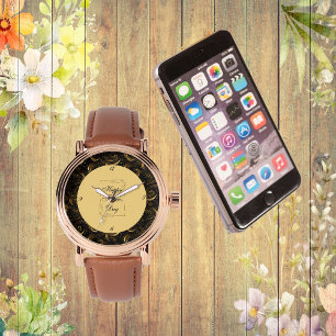 Happy Father's Day Gold Calligraphy Black Swirls Watch