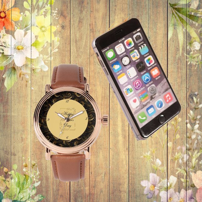 Happy Father's Day Gold Calligraphy Black Swirls  Watch (Happy Father's Day Gold Calligraphy Leafy Swirls Watch)