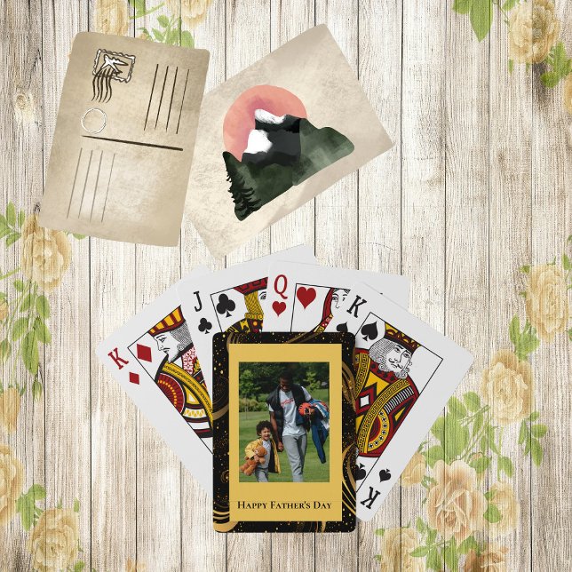 Happy Father's Day Gold Leafy Black Swirls Photo  Playing Cards (Happy Father's Day Gold Leafy Black Swirls Photo Playing Cards)