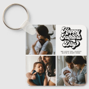 Happy Fathers Day Groovy Retro Three Photo Key Ring
