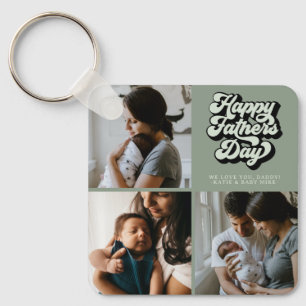 Happy Fathers Day Groovy Retro Three Photo   Sage Key Ring