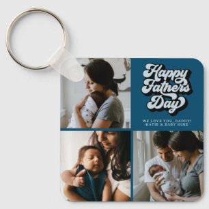 Happy Fathers Day Groovy Retro Three Photo Teal Key Ring