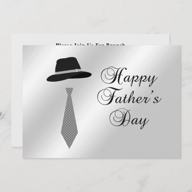 Happy Fathers Day Hat Grey Dot Tie Family Brunch Invitation (Front/Back)
