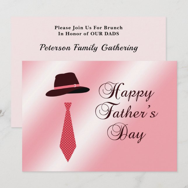 Happy Fathers Day Hat Pink Dot Tie Family Brunch Invitation (Front/Back)