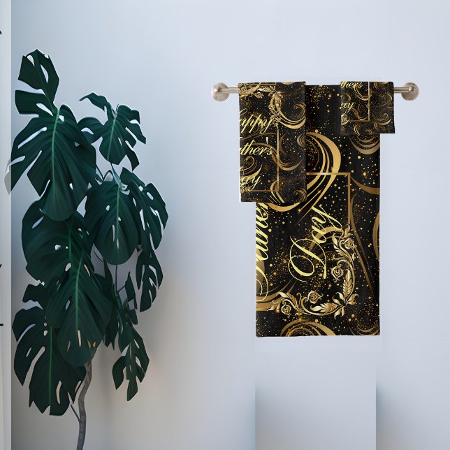 Happy Fathers Day Modern Calligraphy Leafy Swirls  Bath Towel Set (Happy Fathers Day Modern Calligraphy Leafy Swirls Bath Towel Set)