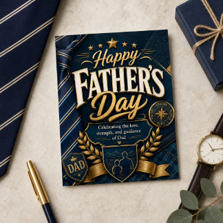 Happy Fathers Day Navy Gold Tie Dad Hero Love Art Holiday Postcard