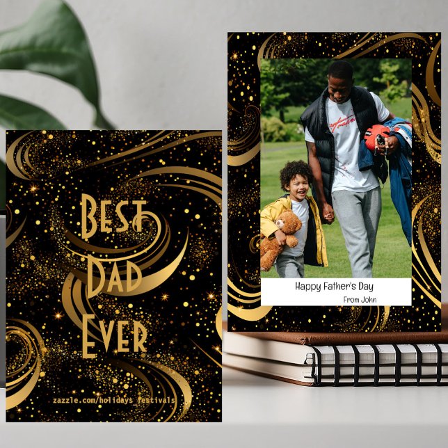 Happy Father's Day Photo Gold Leafy Swirls Modern  Holiday Card (Happy Father's Day Photo Gold Leafy Swirls Modern Holiday Card)