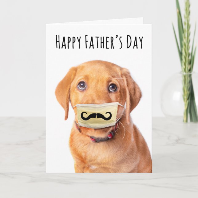 Happy Father's Day Puppy in Moustache Face Mask Holiday Card (Front)