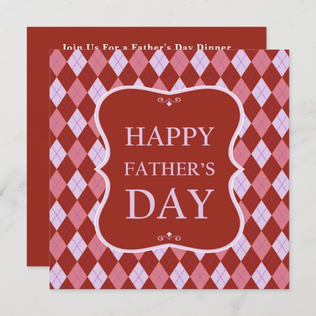 Happy Fathers Day Red Pink Argyle Dinner Party Invitation (Front/Back)