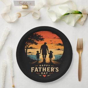 Happy Fathers Day Retro Sunset Dad Son Paper Plate