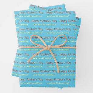 Happy Father's Day Sky Blue Yellow Children Names Wrapping Paper Sheet