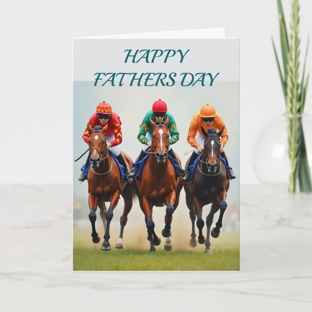Happy fathers day with race horses running thank you card (Front)