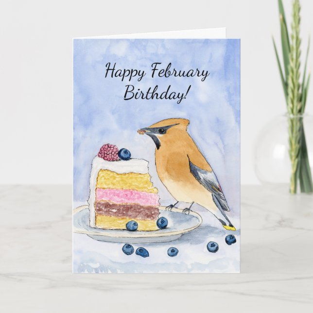  Happy February Birthday Cedar Waxwing Cake Card (Front)
