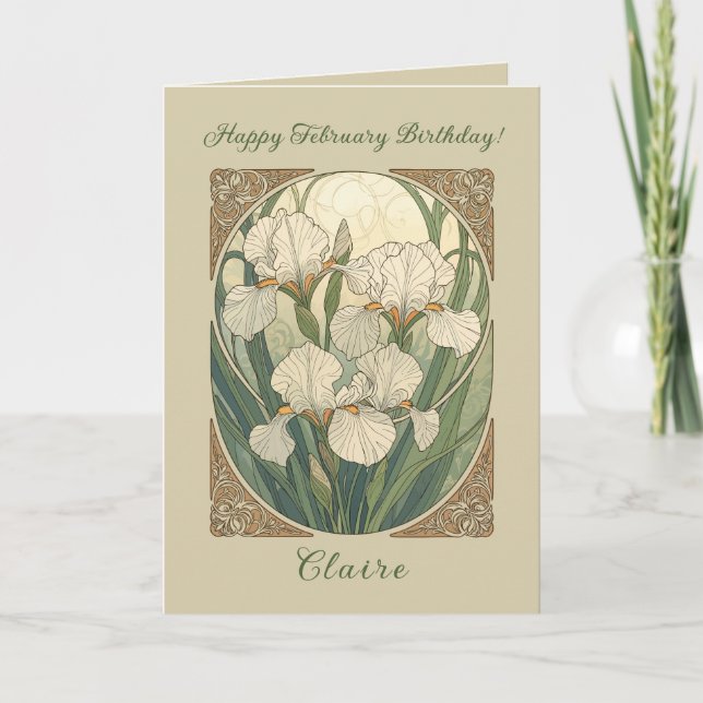 Happy February Birthday Iris Flowers Art Nouveau Card (Front)
