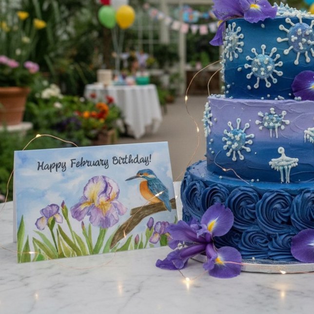Happy February Birthday Kingfisher with Iris Card (Creator Uploaded)