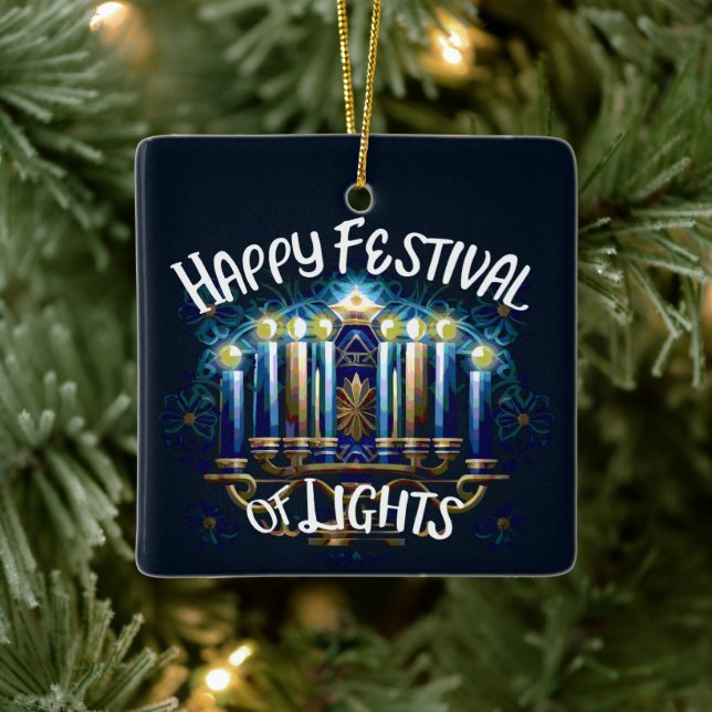 Happy Festival of Lights Hanukkah Menorah Ceramic Ornament (Tree)