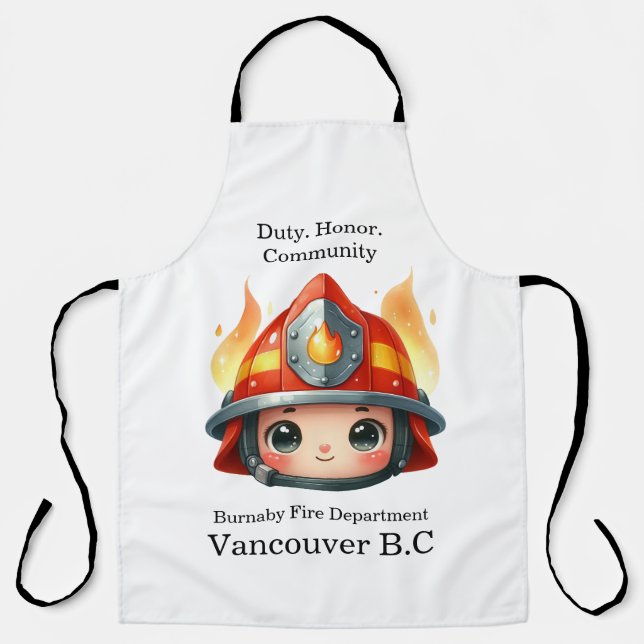 Happy firefighter mascot with flames apron (Front)