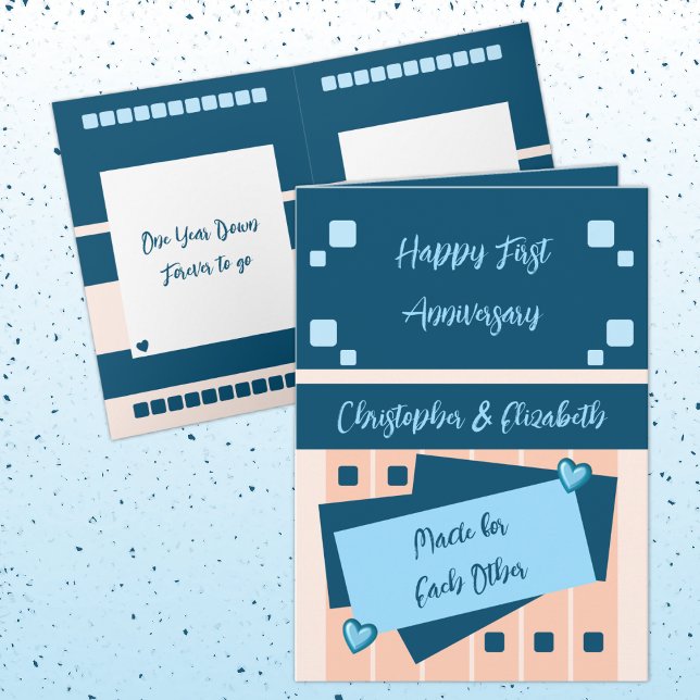 Happy First Anniversary add names blue peach Card (Creator Uploaded)
