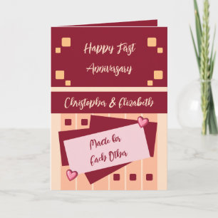 Happy First Anniversary add names burgundy coral Card